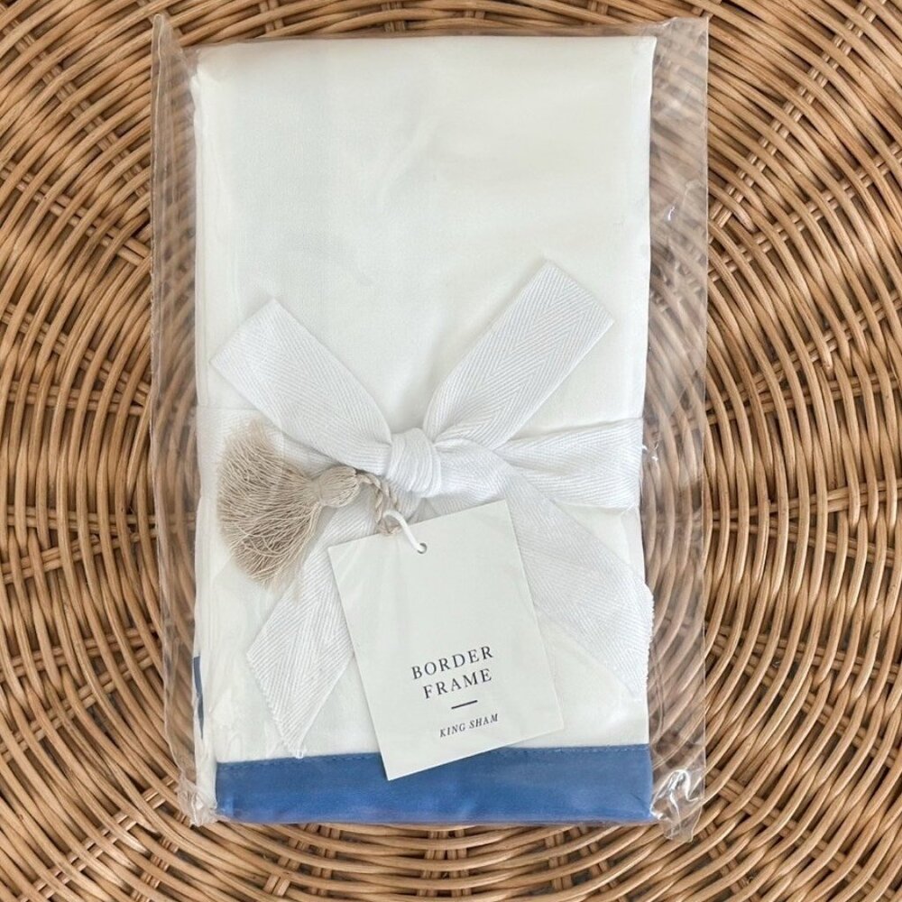 NEW Serena & Lily Border Frame Sateen King Pillow Sham-French Blue